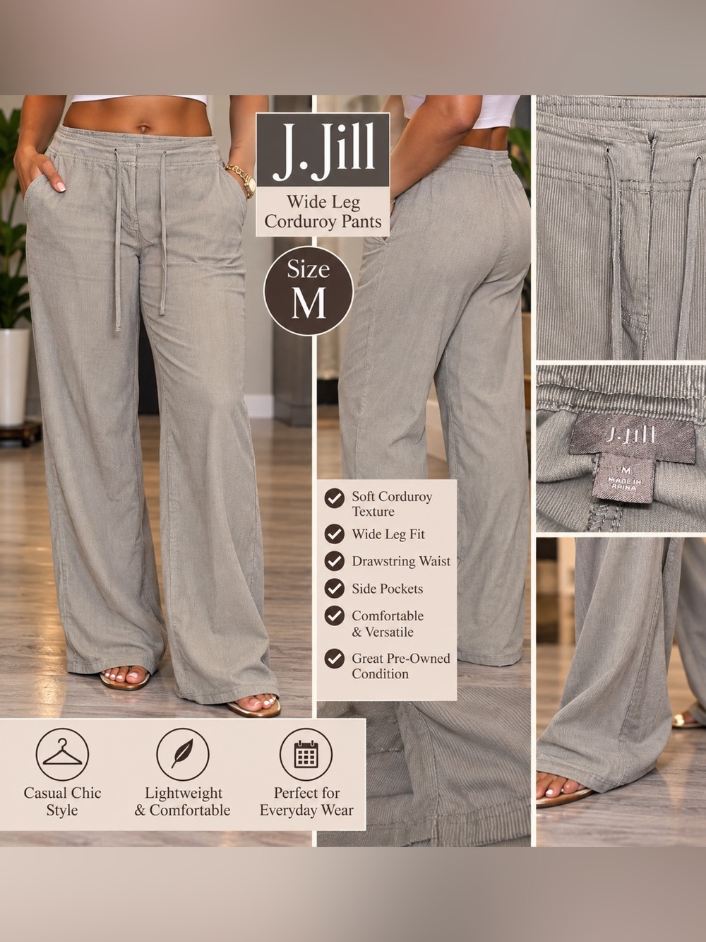 J. Jill Wide-Leg Corduroy Pants - Gray size medium